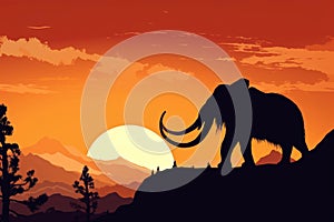 A Mammoth silhouette perched atop a windswept peak slowly sinking into a brilliantly hued sunset.. AI generation
