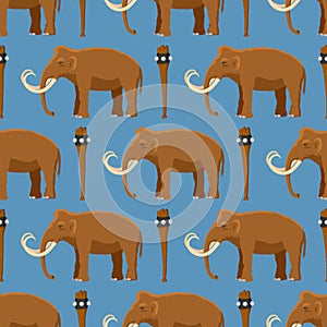 Mammoth vector mammal animal character with tusk and trunk in ancient stoneage illustration of prehistoric elephant