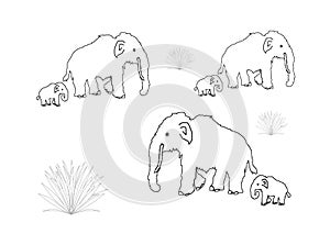 Mammoths with babies, colouring book page uncolored