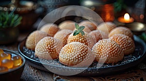 Mamoul cookies, awameh and lokma decorated with the crescent moon of Ramadan. Arabic Eid al Adha, Eid al Fitr, Ramadan