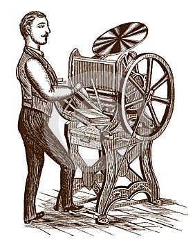 Man from the 19th century working in front of a printing press