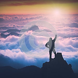 Man above the high mountain valley. Instagram stylization photo