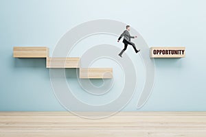 Man with abstract crisis management gap on wall background. Business obstacle and recovery concept