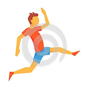 Man Accelerating For Triple Jump, Male Sportsman Running The Track In Red Top And Blue Short In Racing Competition