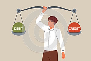 Man accountant compares debits and credits using giant scale to balance commercial company