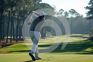 A man in action swings a golf club on a golf course, A golfer in mid-swing, focused on the ball, AI Generated