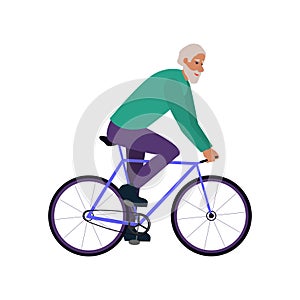 Man, active pensioners ride bicycles in park. Walking