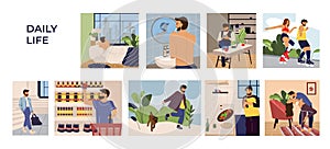 Man activities scenes. Cartoon hand drawn young man character leisure, work and routine. Vector sleeping shopping