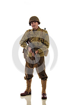 Man actor in military uniform of American ranger of World War II period