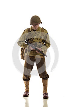 Man actor in military uniform of American ranger of World War II period