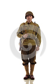 Man actor in military uniform of American ranger of World War II period