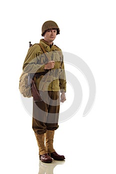 Man actor in military uniform of American ranger of World War II period