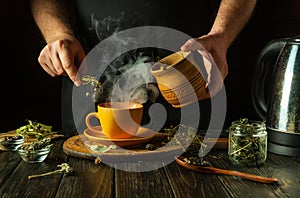 A man adds dry chamomile to a mug of boiling water to make medicinal tea for a cold. Traditional medicine concept or making