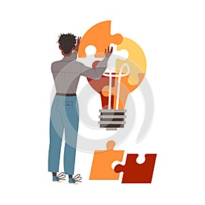 Man Adjusting Jigsaw Puzzle with Light Bulb as Smart Idea and Solution Vector Illustration
