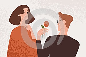 Man admirer giving red rose to attractive woman vector flat illustration. Enamored guy making present to lovely female
