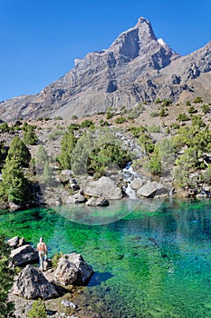 Man admires majestic mountain lake in Tajikistan