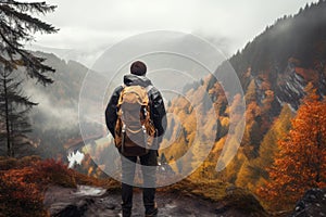 Man admiring beautiful foggy landscape in autumn mountains. Adventurous young man with backpack. Hiking and trekking on a nature