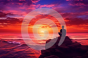 Man admiring vibrant colors of sunset over ocean. Generative AI