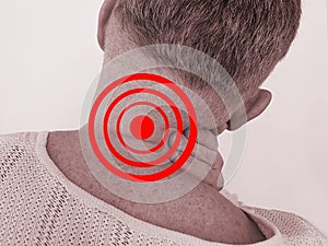 Man adult sore neck vertebral injury pain massaging illness stress scoliosis suffering inflammation