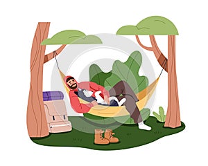 Man adventurer relaxing, sleeping in hammock. Tired backpacker hiker resting, lying with cute dog in nature on holiday