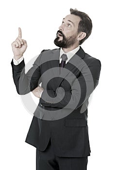 Man advisor pointing advertisement isolated on white. Business advisor manager show direction. Look at that statistics