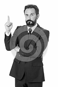 Man advisor pointing advertisement isolated on white. Check out financial advisor. Business advisor manager show