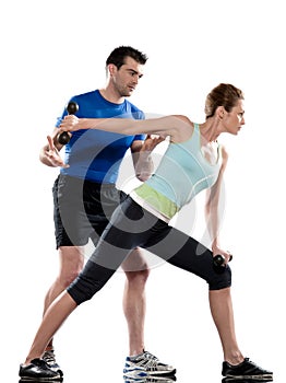 Man aerobic trainer positioning woman Workout