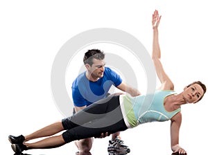 Man aerobic trainer positioning woman Workout