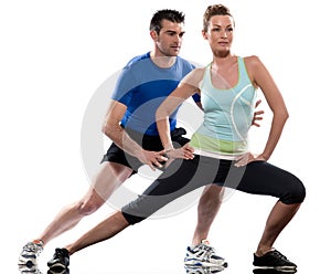 Man aerobic trainer positioning woman Workout