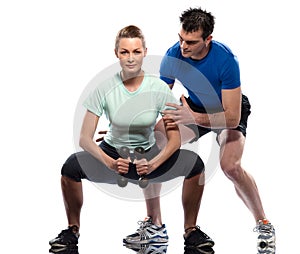 Man aerobic trainer positioning woman Workout