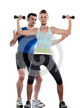 Man aerobic trainer positioning woman Workout