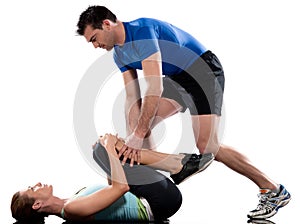 Man aerobic trainer positioning woman Workout