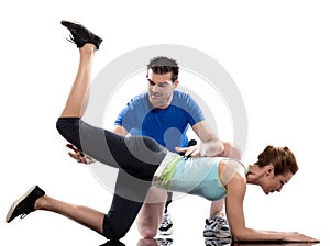 Man aerobic trainer positioning woman Workout