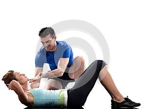 Man aerobic trainer positioning woman Workout