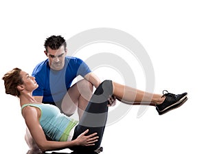 Man aerobic trainer positioning woman Workout