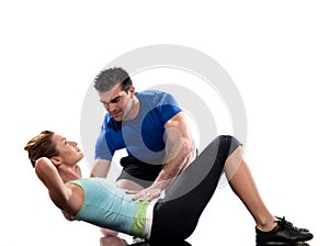 Man aerobic trainer positioning woman Workout