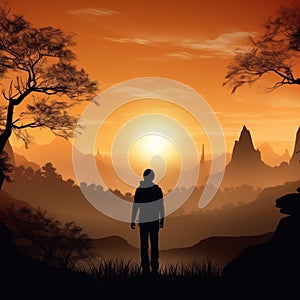 A man against the backdrop of a bright sunset. AI Generated