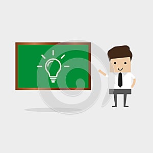 Man against the blackboard with drawn light bulb. Cartoon vector flat-style concept illustration