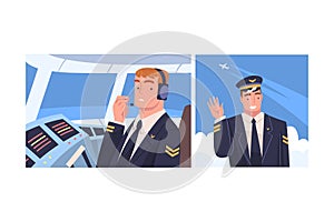 Man Aircraft Pilot or Aviator in Cap and Uniform Smiling Sitting at Control Panel and Waving Hand Vector Set
