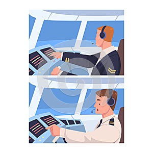 Man Aircraft Pilot or Aviator Sitting Inside Airplane Cabin at Control Panel Vector Set