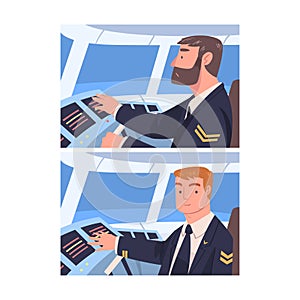 Man Aircraft Pilot or Aviator Sitting Inside Airplane Cabin at Control Panel Vector Set