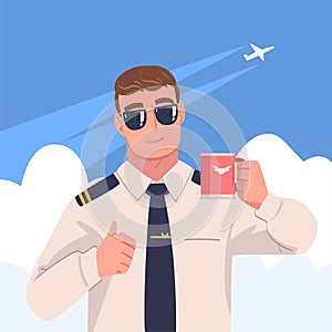 Man Aircraft Pilot or Aviator in Sunglasses Holding Mug and Showing Thumb Up Gesture Vector Illustration