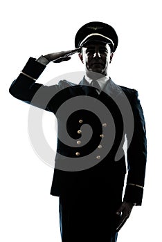 Man in airline pilot uniform silhouette saluting