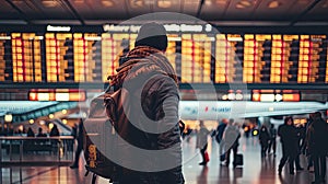 Man in an airport terminal checking the flight schedule