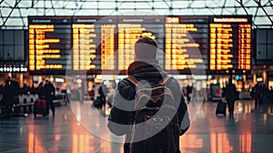 Man in an airport terminal checking the flight schedule