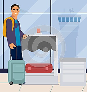 Man in airport. Traveler men with suitcase at airport. Vector cartoon tourist with bag and phone on vacation trips photo