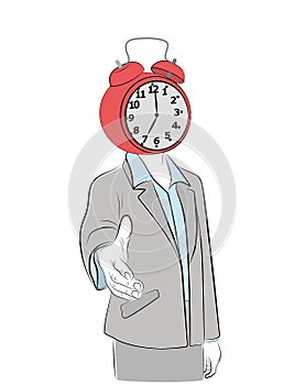 A man with an alarm clock on his head stretches out his hand. business relationship. vector illustration.