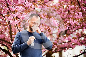 Man allergic suffering from seasonal allergy at spring, sneezing and blowing nose with handkerchief.