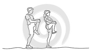 Man amd woman stretching legs line drawing