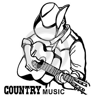 Man in american cowboy hat playing acoustic guitar. Vector country music graphic illustration isolatedon white with text